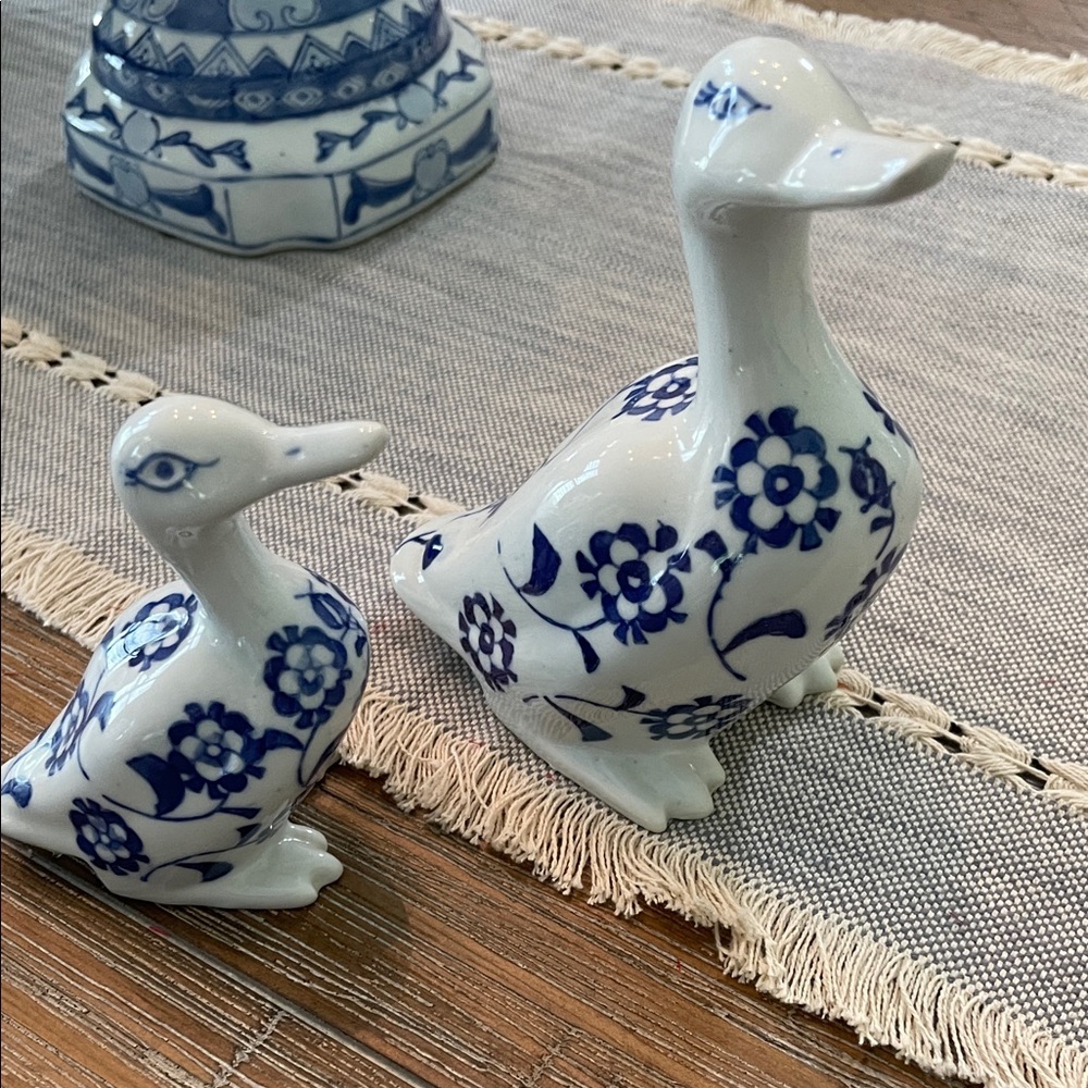 Blue and White Ceramic Duck Figurines